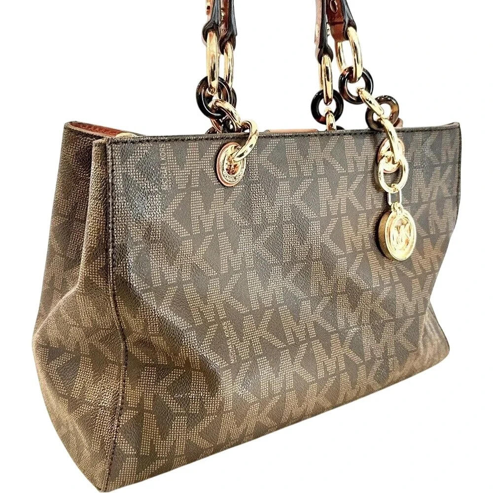 Michael Kors Signature Cynthia Satchel Purse Women's Medium Brown Gold Hardware‎